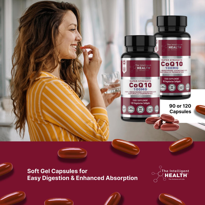 The Intelligent Health CoQ10 Supplement, Fermented Coenzyme Q10 Ubiquinone for Women & Men, Easy to Swallow 100mg 120 Vegetarian Softgels