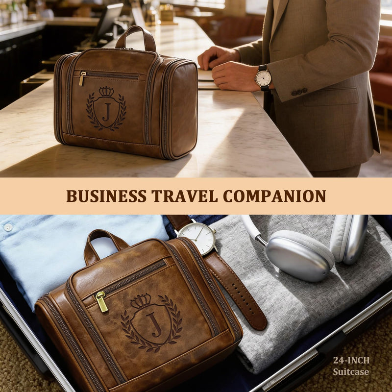 Unique 30th 40th 50th 60th 65th 70th 75th Birthday Gifts for Men Father Dad Husband Brother Son, Large Leather Travel Toiletry Bag Dopp Kit Hanging Shaving Case, Mustard Initial Letter J