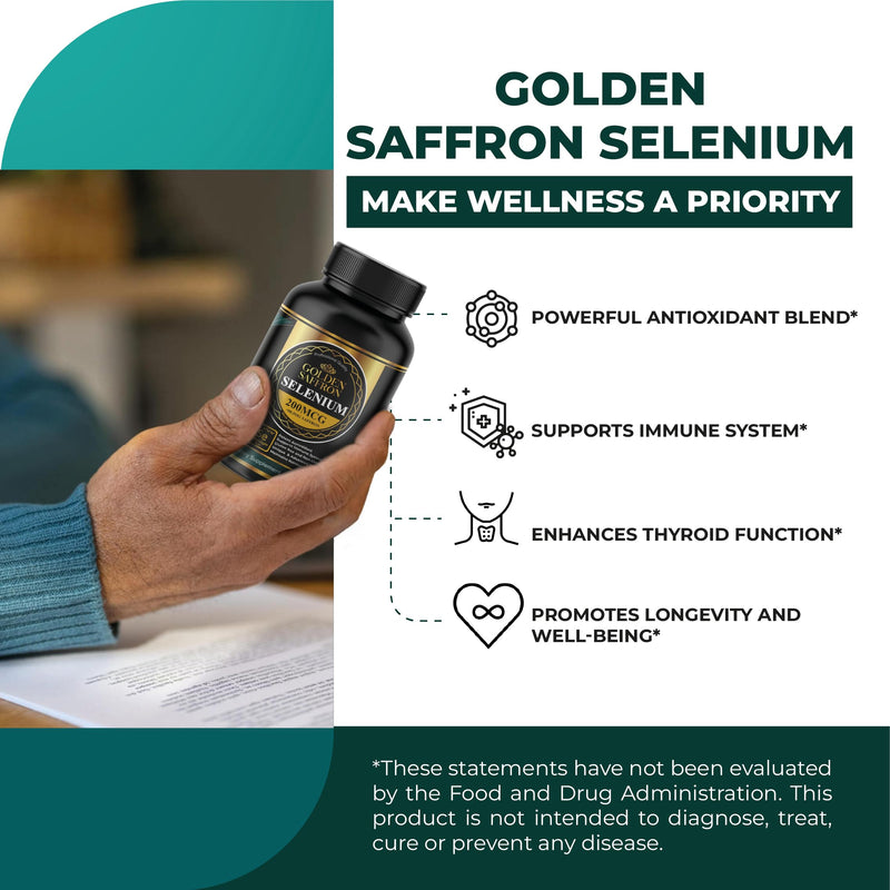 [Australia] - Golden Saffron Selenium (200mcg Selenium & 88.5 mg Saffron Extract) - to Support Overall Health, Non-GMO, Gluten Free, Dairy Free, with Unique and Advanced Formula – Made in USA & Tasteless. 