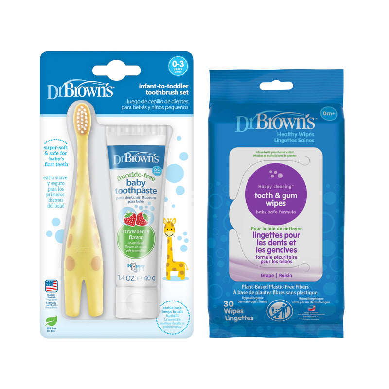 Dr. Brown's Infant-to-Toddler Toothbrush, Giraffe, Fluoride-Free Baby Toothpaste, and Tooth and Gum Wipes Giraffe + Toothpaste + Wipes