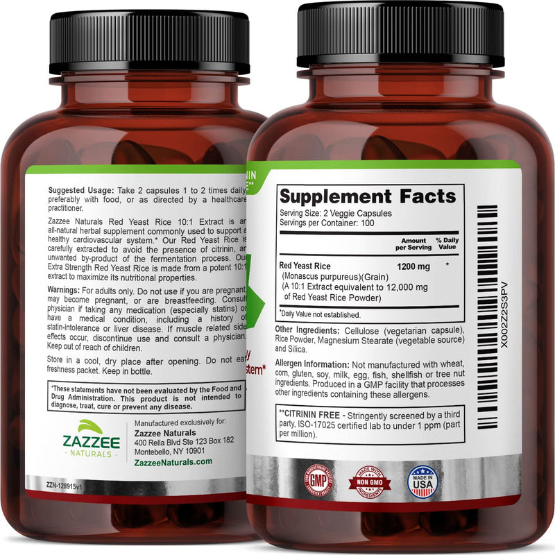 [Australia] - Zazzee Extra Strength Red Yeast Rice 10:1 Extract, 1200 mg, Citrinin Free, 200 Vegan Capsules, Over 3 Month Supply, Concentrated and Standardized 10X Extract, 100% Vegetarian, All-Natural and Non-GMO 