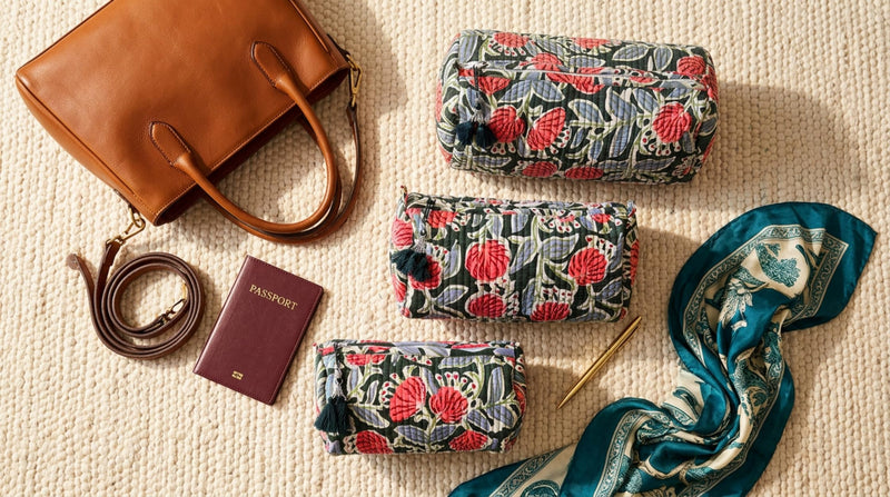 Saarva Global Travel Toiletry Pouch Set, Forest Green Floral, Cotton, Floral Pattern, Zipper, 9x4x7 Inches, 0.5 Pounds, Reusable