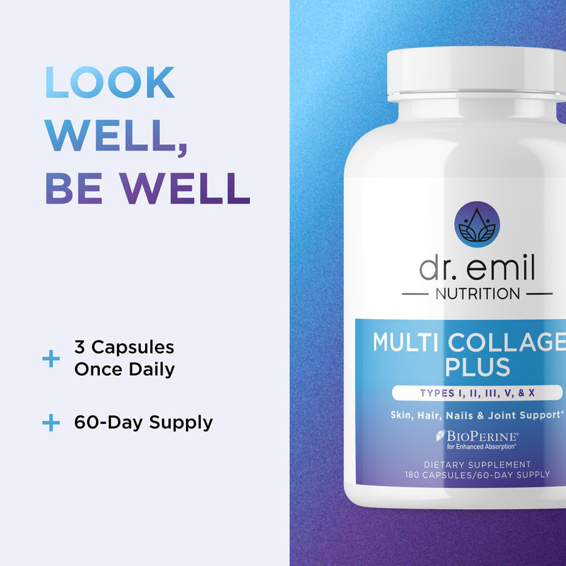 Dr. Emil Multi Hydrolized Collagen, Types I, II, III, V & X, 180 Capsules | All-in-One Hydrolyzed Collagen Blend with Biotin and Vitamin D to Support Hair, Skin, Nails, and Joints, Non-GMO