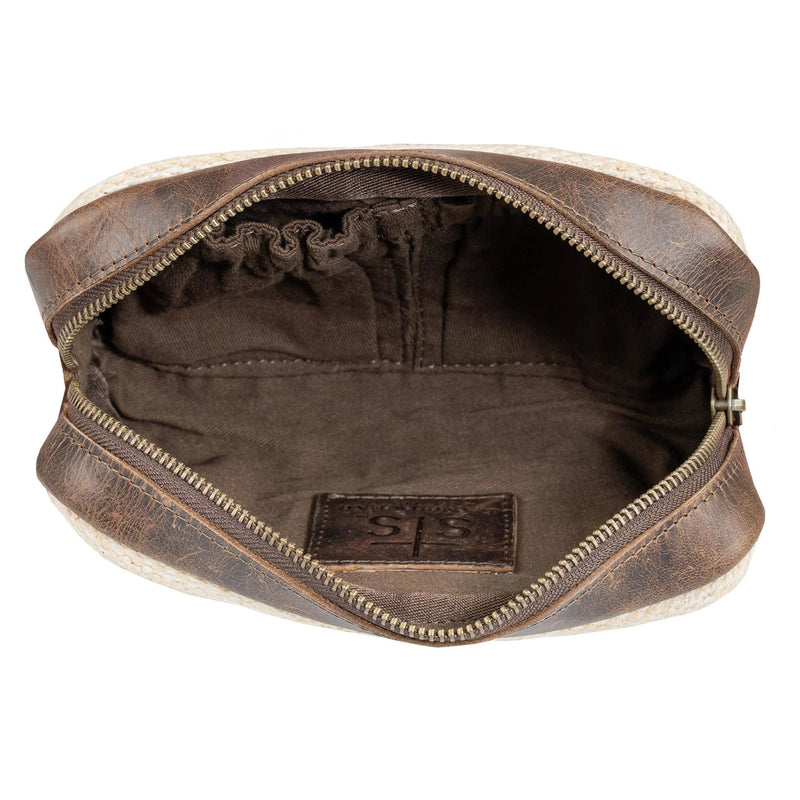 STS Ranchwear Guadalupe Serape Cosmetic Bag, Western Handwoven Cotton with Leather Trim, Aztec Pattern, Brown and Cream, 9.5 x 3.5 x 7.5 Inches