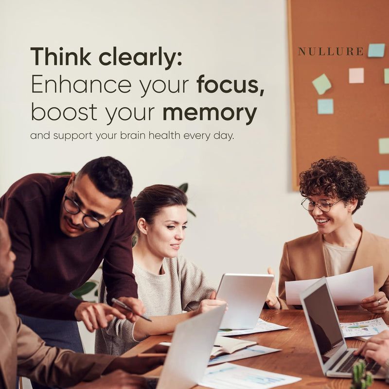 Nullure Memory & Focus | Nootropic Brain Supplement | Concentration · Energy · Focus | Citicolin COGNIZIN + Ginkgo Biloba 6000mg + Bacopa Monnieri + Ginseng | Caffeine Free | 60 Capsules
