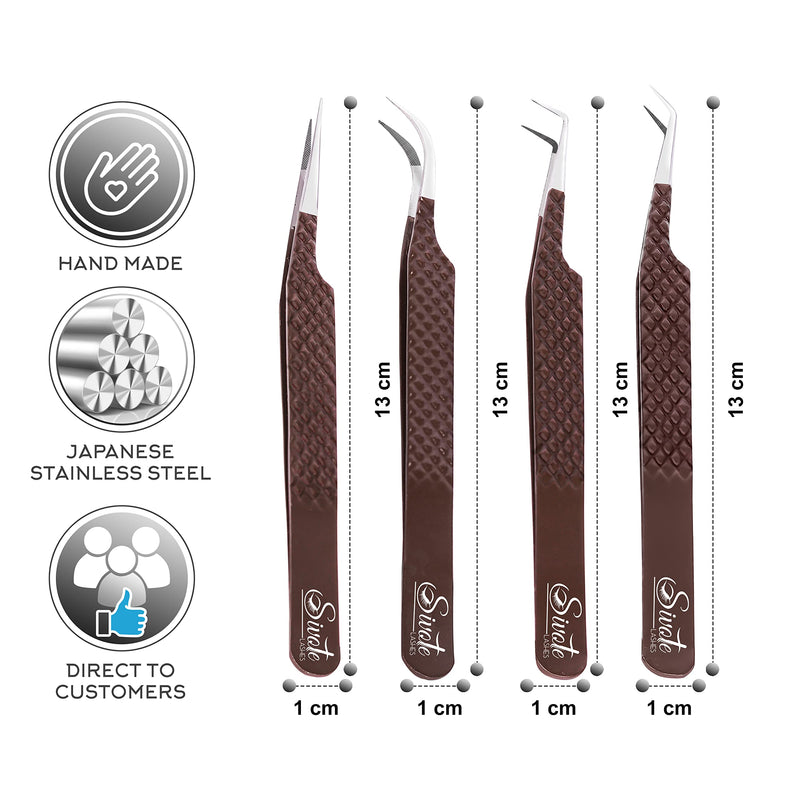 SIVOTE Lash Extension Tweezers Fiber Tips, Set of 4, Curved, Dolphin, 90 Degree & 45 Degree Tweezer, Chocolate Choco