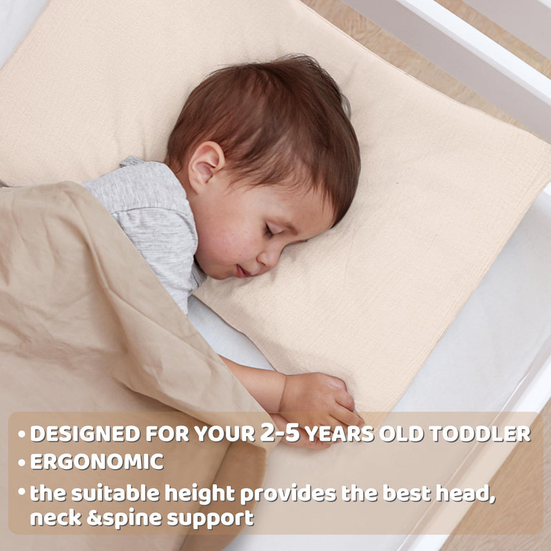 [Australia] - Pro Goleem Toddler Pillow with Muslin Cotton Pillowcase, 13x18 Soft Toddler Pillows for Sleeping Kids Pillow Child Pillow Machine Washable Perfect for Bed, Toddler Cot and Travel, Beige 