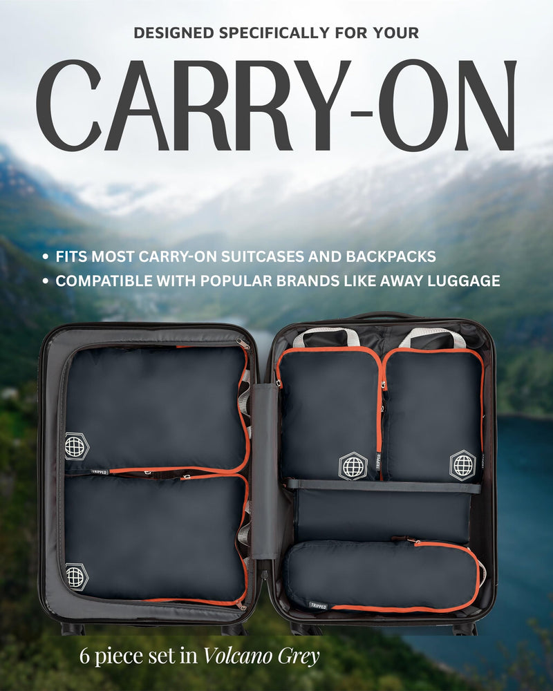 TRIPPED Travel Gear Compression Packing Cubes for Carry-On Travel 6-Pack | Ultralight Ripstop Packing Cubes with Compression Zippers for Organized Carry-On Luggage, Backpack, and Travel Packing 6 Piece Volcano (Grey and Orange) Carry On Set