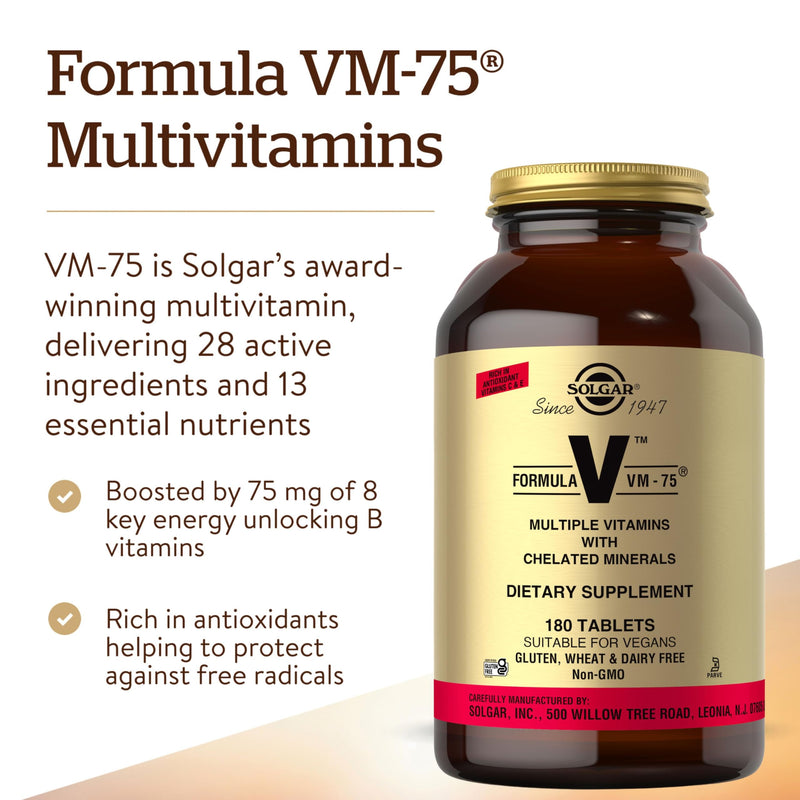 Solgar Formula VM-75, 180 Tablets - Vitamin A, B6, B12, C, D, E, Vegan | Multivitamin with Chelated Minerals - Biotin, Magnesium, Calcium, Iron, Zinc, Gluten Free, Dairy Free, Kosher - 180 Servings 180 Count (Pack of 1)