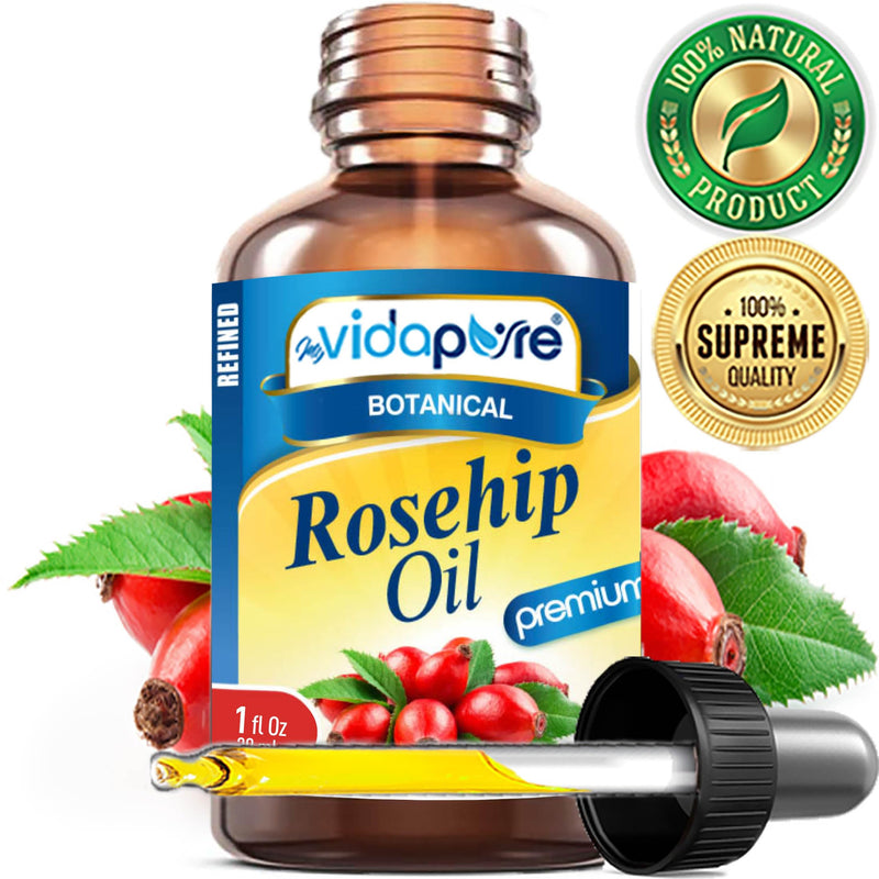 Rosehip Oil Vitamin A, Vitamin C, Vitamen E for Wrinkles, Scars, Stretch Marks, Face, Body, Hair, Lip Care. (1 Fl Oz) 1 Fl Oz (Pack of 1)