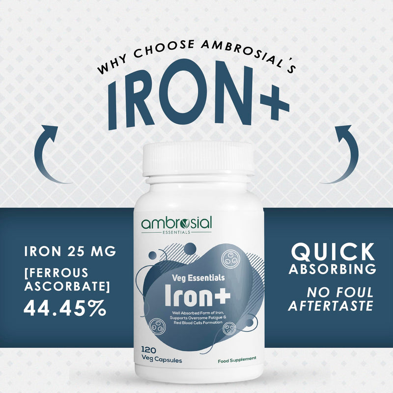 Ambrosial Iron Capsules 25mg - High Strength Supplements for Women & Men - Blood Support for Tiredness & Fatigue - Non-Constipating, Enhanced Absorption - Vegan, Gluten Free - 120 Iron Capsules 120 count (Pack of 1)