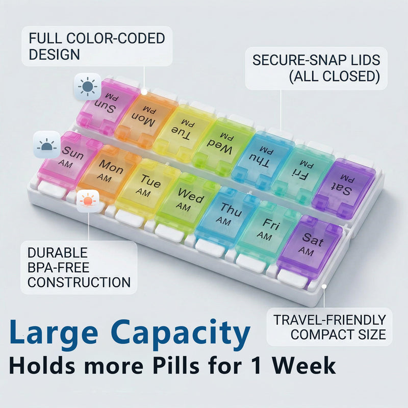 2 Pack Weekly Pill Organizer for Seven Day, Medicine Dispenser Daily Vitamin Container Supplement Holder Moisture Proof Box, Portable Travel Case for Morning Evening Routine Secure Practical Planner 2 Pack