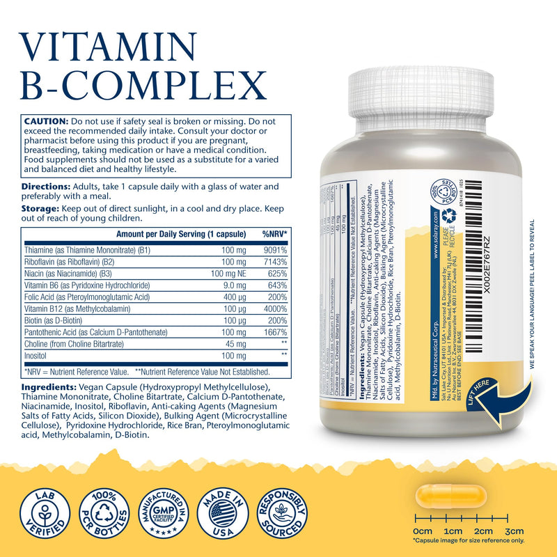 Solaray Vitamin B Complex "100" Super Strength - 100 Vegan Capsules - 3+ Month Supply - High Potency Vitamin B1, B2, B3, B5, B6, B7, B9 & B12 - Lab Verified