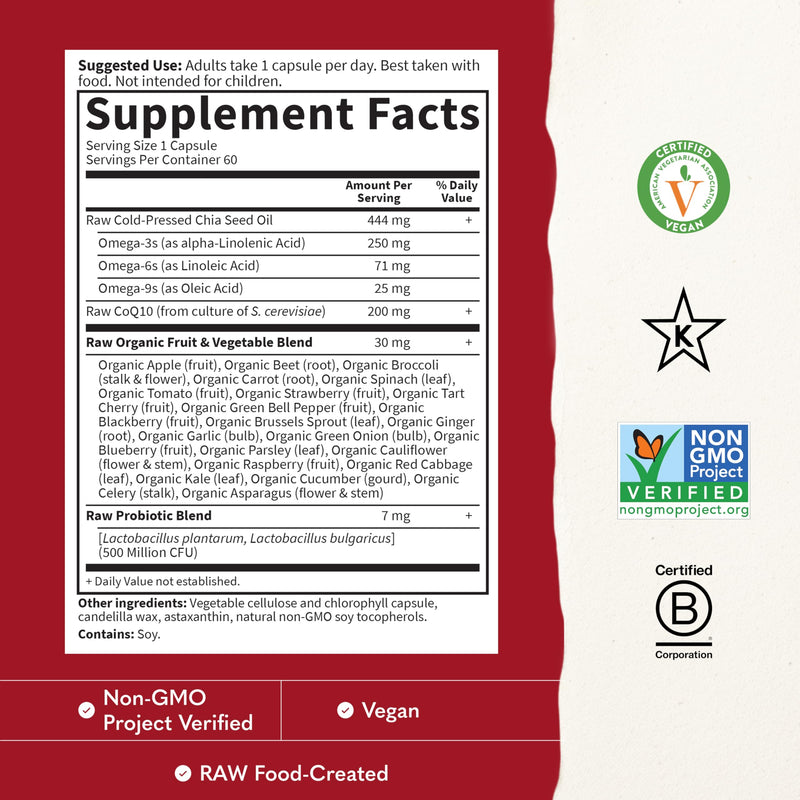 Garden of Life Raw CoQ10 200mg, with Omega 3 6 9 for Heart Health, 60ct | Vegetarian Omega 3 6 9 Supplement Raw Co Q 10 Chia Seed Oil, Whole Food Nutrition with Antioxidant Support, Coenzyme q10 Organic 60 Count (Pack of 1)