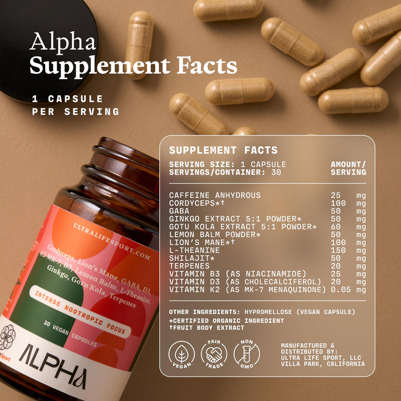 Ultra Life Sport Alpha Nootropic Body and Brain Supplements - 30 Capsules | Body and Brain Supplements for Memory & Focus - L-Theanine, B Vitamins, Lion's Mane, Cordyceps Mushrooms, Vitamin D3, K2 MK-7