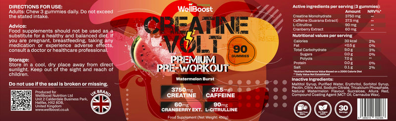 WellBoost Creatine Volt 90 Gummies – Creatine, Caffeine, L-Citrulline, Cranberry Extract, Watermelon Extract – Vegan, Sugar-Free, Watermelon Flavour – Energy, Endurance, Lean Muscle – 1 Month Supply