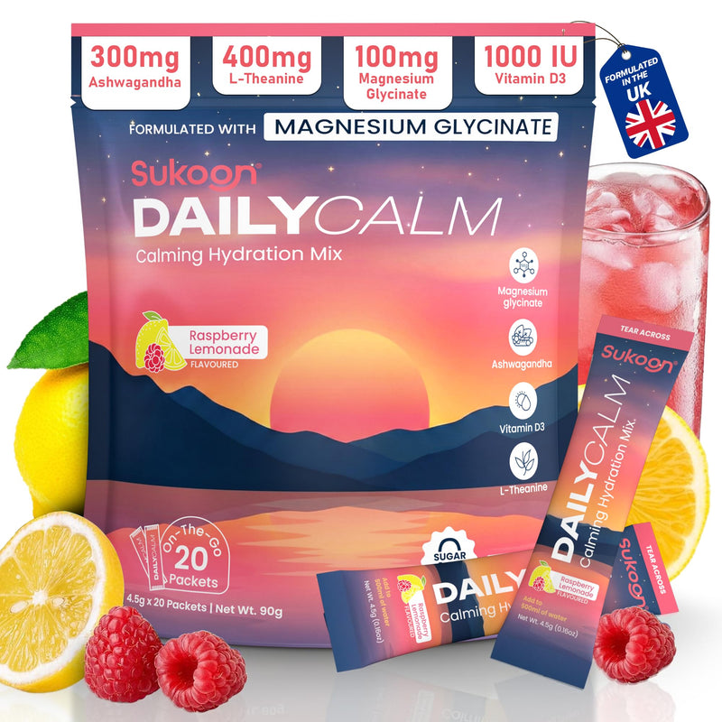 Sukoon Dailycalm Powdered Drink Mix, Cortisol Reducer and Sleep Aid Supplement, Magnesium Glycinate L-Theanine, Ashwagandha, Vitamin D3, No Sugar, Non GMO, On The Go, 20 Servings, Raspberry Lemonade