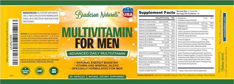 Men's Multivitamin Supplement for Energy, Focus and Performance. Mens Vitamins A, C, D, E & B12, Zinc, Calcium, Magnesium & More. Multi Vitamin 60 Capsules Made in The USA Men
