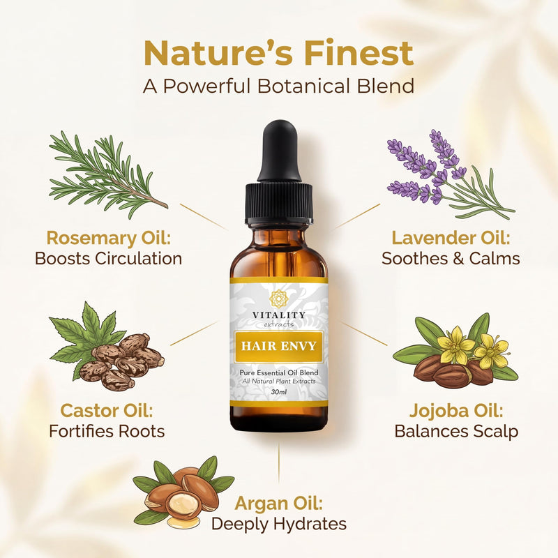 Vitality Extracts Hair Envy - Natural Hair Growth Serum - 100% Pure Essential Oils, 15 Plant Extracts, No Synthetics, No Parabens - Strengthen Hair, Minimize Breakage, Stimulate Follicles