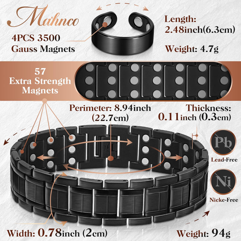 [Australia] - Mahnco Copper Bracelet for Men with Triple-Row Strong Magnets Magnetic Bracelets & Lymphatic Drainage Ring Set with Adjustable Sizing Tool, Magnetic Jewelry Gift (Black) Black-3X 