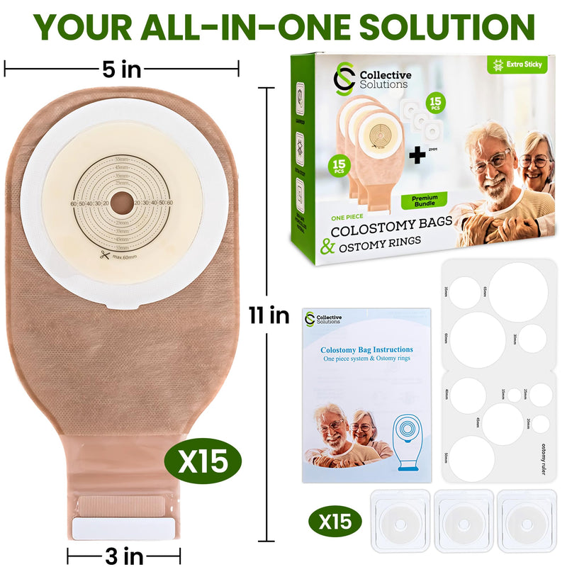 [Australia] - 15 Pack Ostomy Supplies & Colostomy Bags Kit ‚Äì Double-Reinforced Leakproof Seal - 15 One-Piece Bags & 15 2MM Barrier Rings - Cut-to-Fit, Unisex, Skin-Friendly 