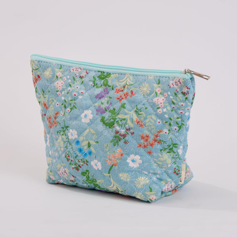 Wildflower Floral Quilted Cotton Cosmetic Zipper Pouch, Large Capacity Makeup Accessories Storage Bag for Women Girls, Aesthetic Coquette Travel Toiletry Organizer (Set of 3) Wildflower Floral