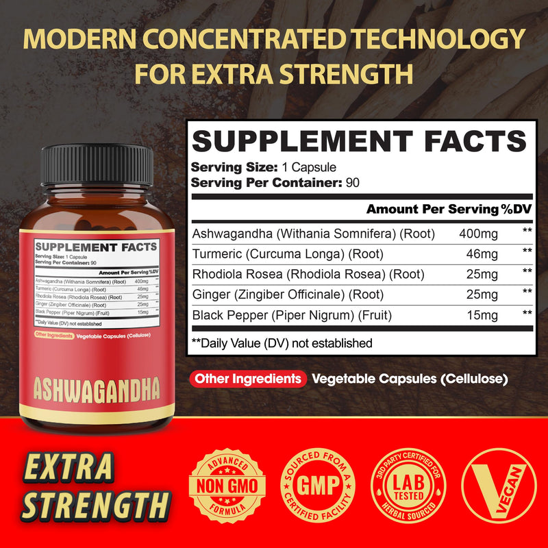 [Australia] - 90 Capsules - Ashwagandha Supplement Capsules - Ginger Root, Turmeric, Rhodiola Rosea & Black Pepper 90 Count (Pack of 1) 