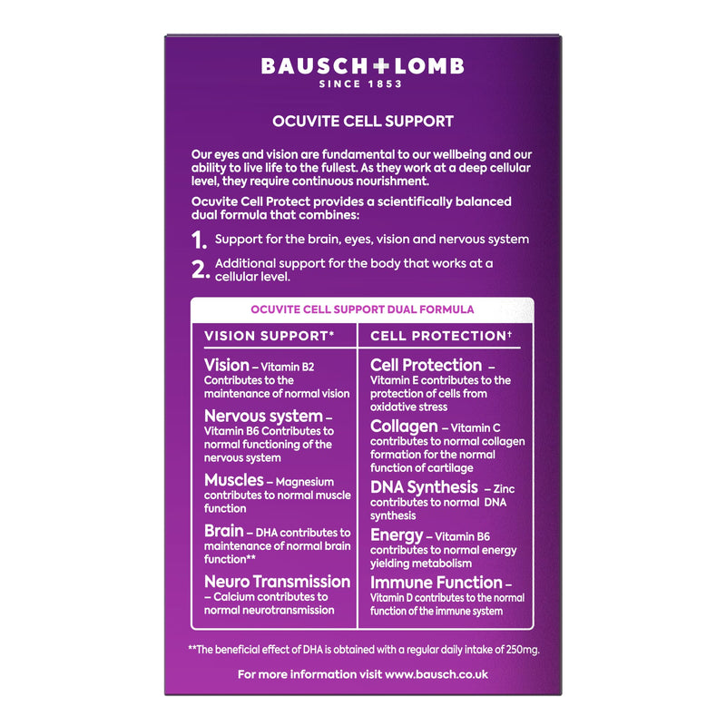 Ocuvite Cell Support Eye Supplement - Supports the Visual System & Cell Protection by Bausch + Lomb – Lutein and Zeaxanthin Supplement with Omega 3 DHA, Vitamin E and Zinc, 2 Capsules Per Day
