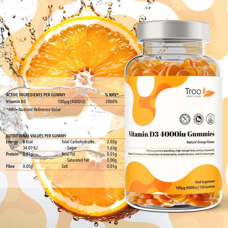 Troo Health Care Vitamin D3 4000iu - 150 Natural Orange Flavour Chewable Gummies - Five Months Supply - Non GMO Tasty Gummy Supplement to Support Immune Function and Help Maintain Bones and Teeth 150 count (Pack of 1)
