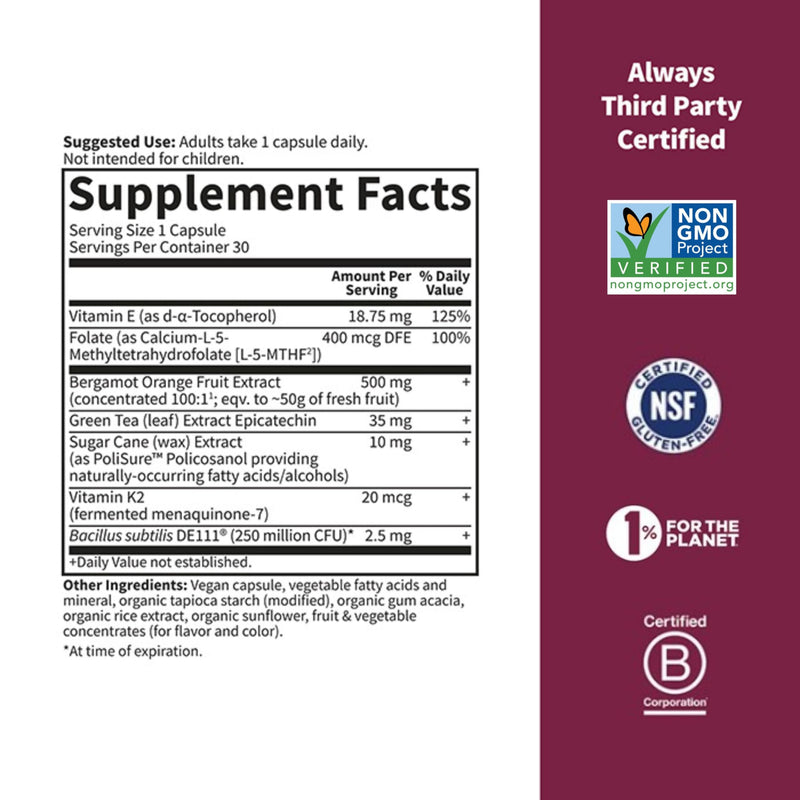 [Australia] - Garden of Life Herbals Heart Health Supplement with Folate, Bergamot, Green Tea & Vitamin E & K for Cholesterol, Circulatory & Blood Pressure Support, Non-GMO, Gluten-Free, Citrus Flavor, 30 Servings 