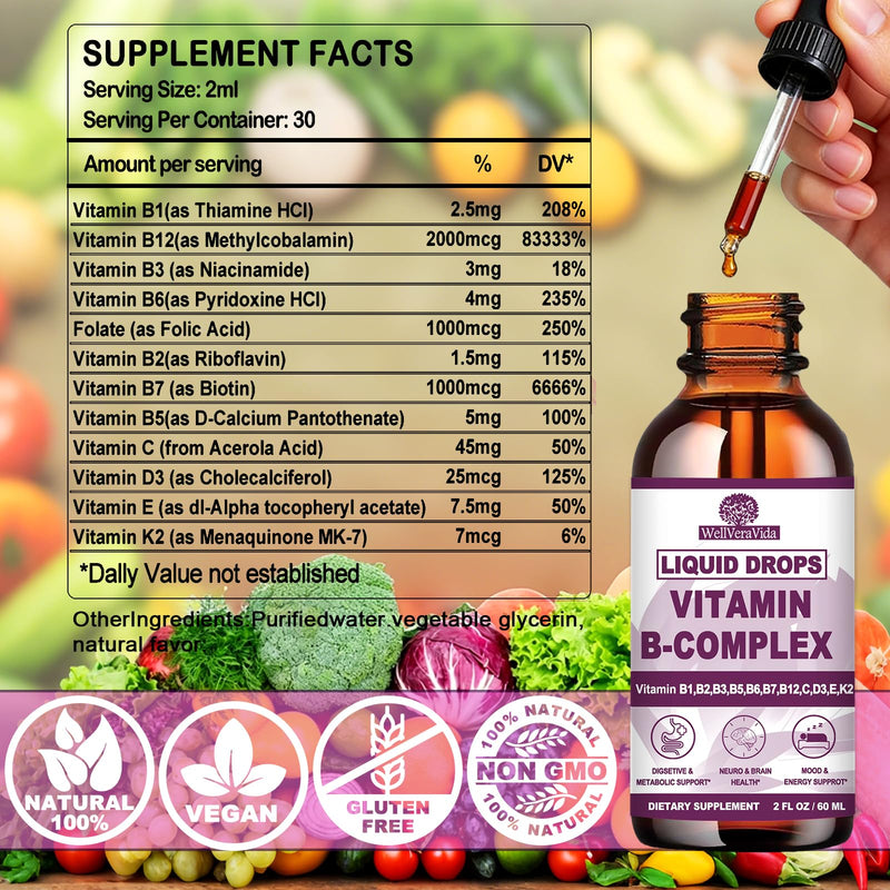 Vitamin B Complex for Women Men, Methylated B Complex Vitamins Liquid, 2Oz | Super B Complex - B12 Methylcobalamin | B9 Folic | Vitamin C, B12 B6 B1 Niacin, Support Brain, Heart & Immune Health, Vegan
