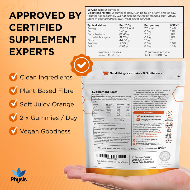 Physis Fibre Gummies 3000mg - High Fibre Supplement | Natural Inulin Soluble Fiber | Chicory Root Digestive System Support | Prebiotics for Gut Health | Vegan Natural Orange 60 x Gummies | 1 Month