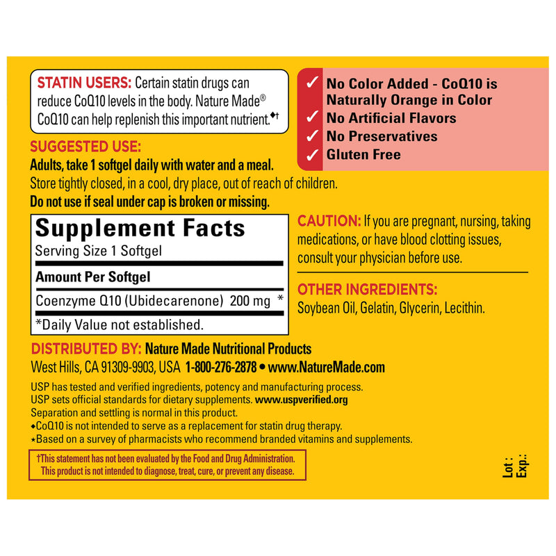 Nature Made CoQ10 200mg Softgels for Heart Health Support, 80 Softgels | Co Q 10 Supplement for Women and Men, Dietary Supplement that Provides Antioxidant Support, 80 Day Supply Unflavored 80 Count (Pack of 1)