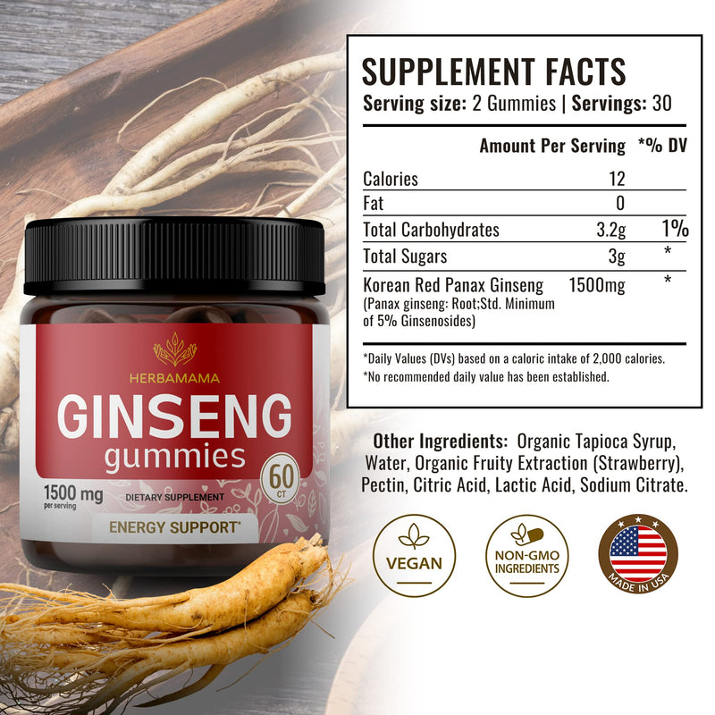 [Australia] - Korean Red Panax Ginseng Gummies - Memory, Mental Focus, Mood & Immunity Support Herbal Ginseng Supplement Vitamin - Natural Vegan Ginseng Gummies - 1500 mg 60 Chews 