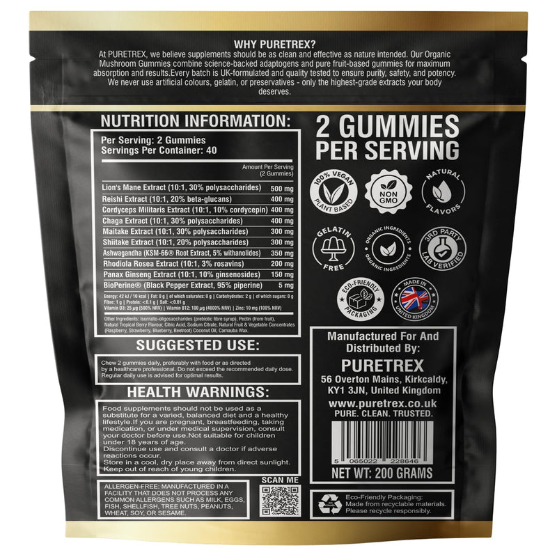PURETREX Organic Mushroom Gummies 3000mg – Ashwagandha, Lion’s Mane, Reishi & Cordyceps for Brain Focus, Energy, Stress Relief & Immune Support Sugar Free, 80 Count Vegan, Made in UK -Tropical Berry