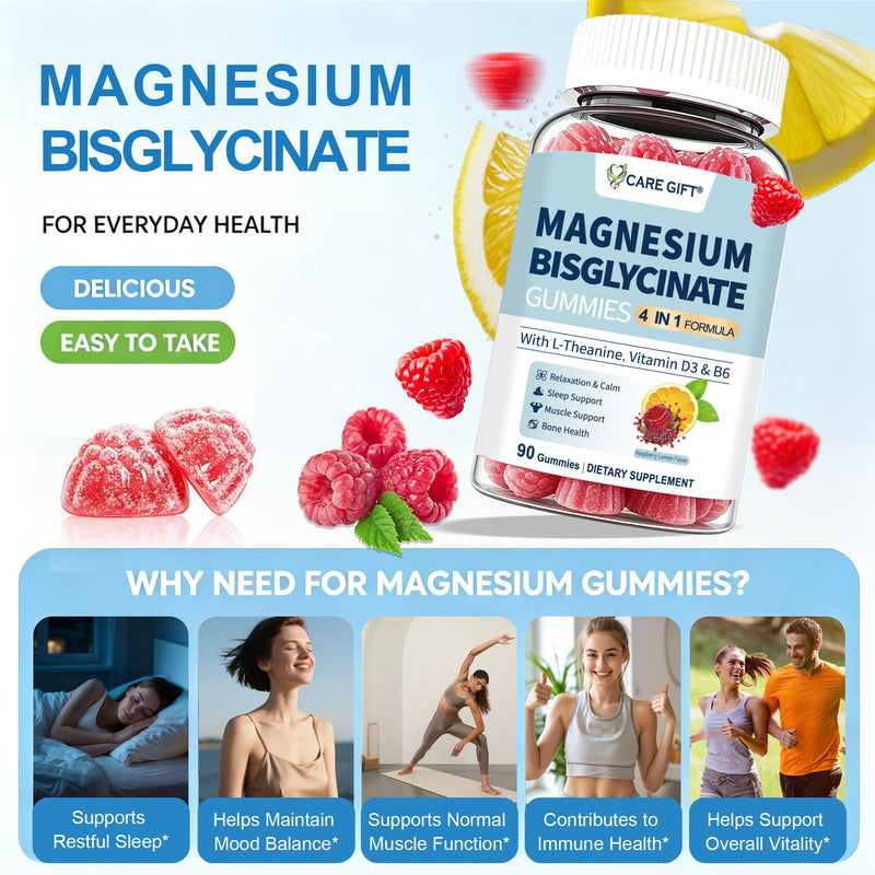 Magnesium Bisglycinate Gummies 400mg Chelated Magnesium, with Vitamin D3, Vitamin B6 & L-Theanine, Supports Sleep, Relaxation, Muscle Function and Bone Health, 90 Gummies, Lemon Raspberry Flavour
