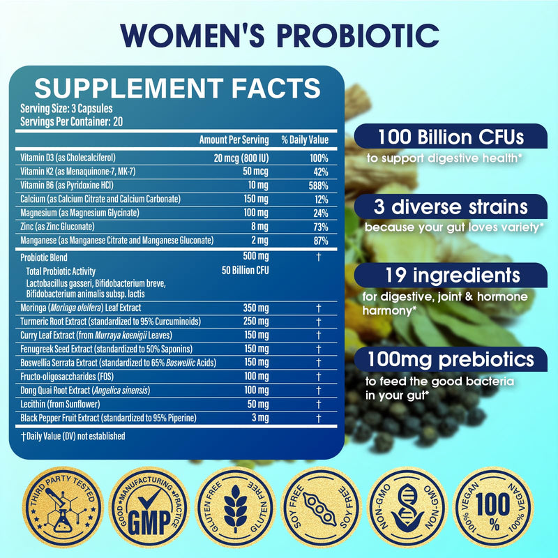 Probiotics for Women – Menopause, Digestive & Gut Health Support with 100 Billion CFU, FOS Turmeric, Moringa, Curry, Boswellia Serrata, Vitamins & Minerals, Daily Probiotic Supplement, 60 Capsules 60 Count (Pack of 1)