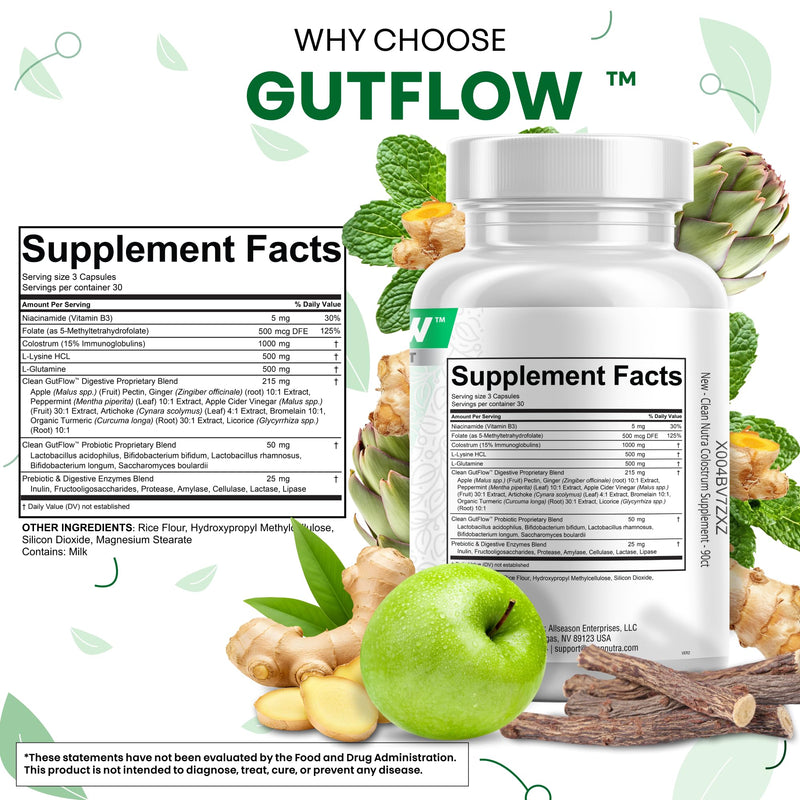 [Australia] - Clean Nutraceuticals Colostrum Supplement Capsules Probiotics Pills Prebiotics, L-Glutamine, Digestive Enzymes, Folate, Fiber, ACV, Turmeric, Apple Pectin and Turmeric Pills 