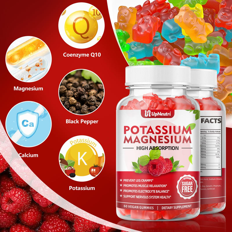 [Australia] - Potassium Magnesium Supplement Gummies for Adults Kids, Sugar-Free Potassium Gummies Supports Leg Cramps & Muscle & Immune Health, High Absorption Magnesium Gummies Raspberry Flavor 120 Cts 60 Count (Pack of 2) 