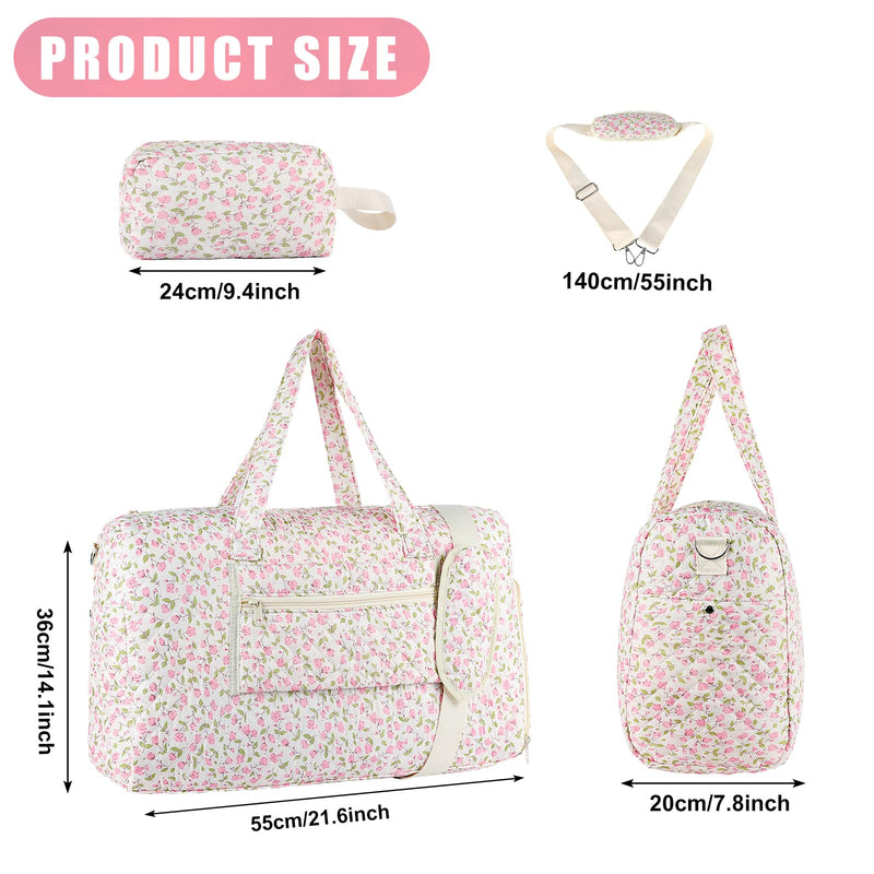 Floral Quilted Duffle Bag, Weekender Bag with Makeup Pouch Women | Floral Quilted Duffle Bag for Women, Spacious Weekender Travel Bag with Separate Shoe Compartment and Multi Pockets Pink flowers-1