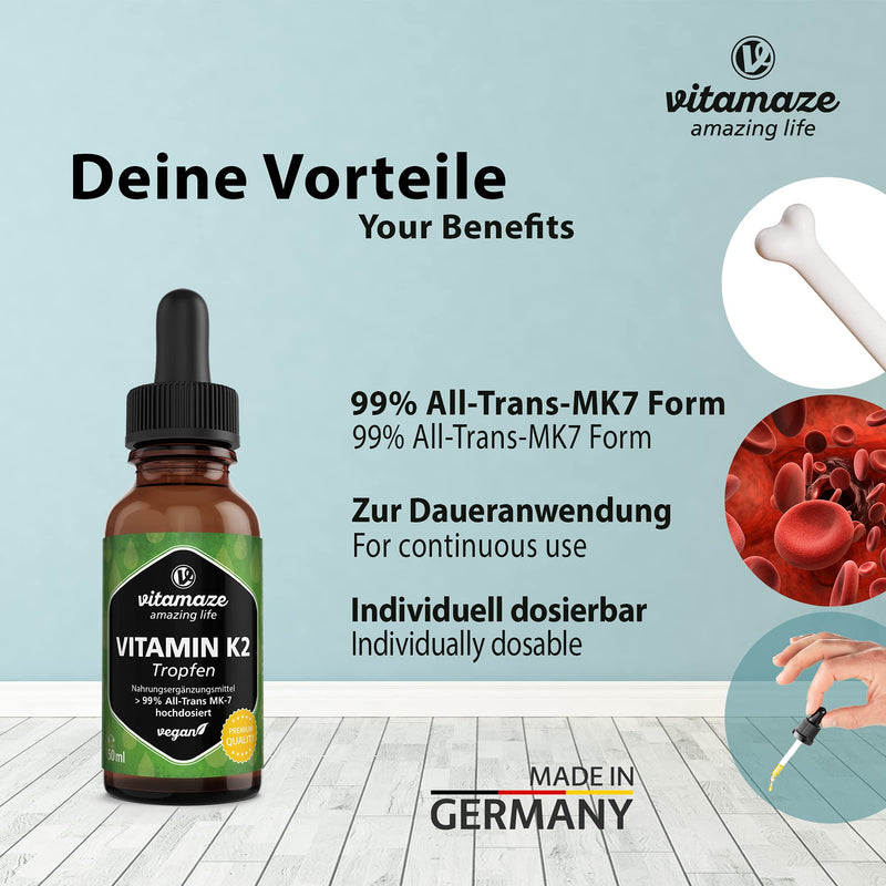 Vitamin K2 Drops, 200 mcg Vitamin K2 per Daily Dose, High Strength, Vegan & Liquid, MK-7 Menaquinone (> 99% All-Trans Form), 50 ml (1700 Drops), Supplement Without Additives, High Bioavailability