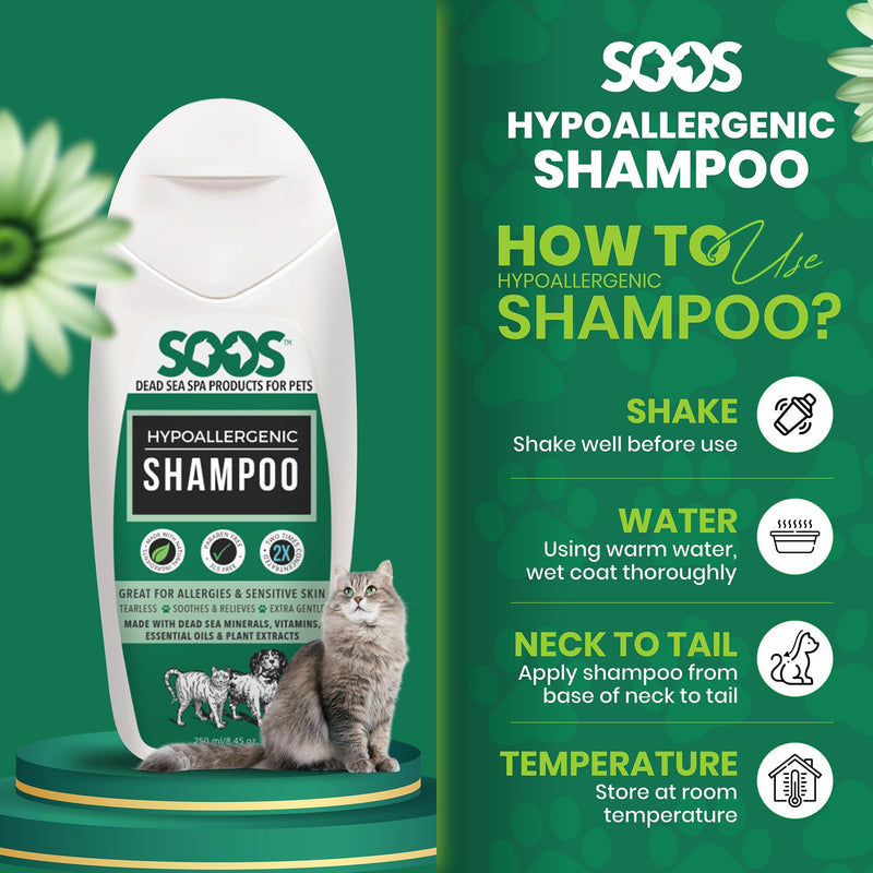 Soos Pet Shampoo Hypoaller-genic Cat and Dog Shampoo Natural Dead Sea Minerals Fast Absorbing Soothes Skin Irritation with Vitamins Essential Oils - 1 Pack (250ml) - PawsPlanet Australia
