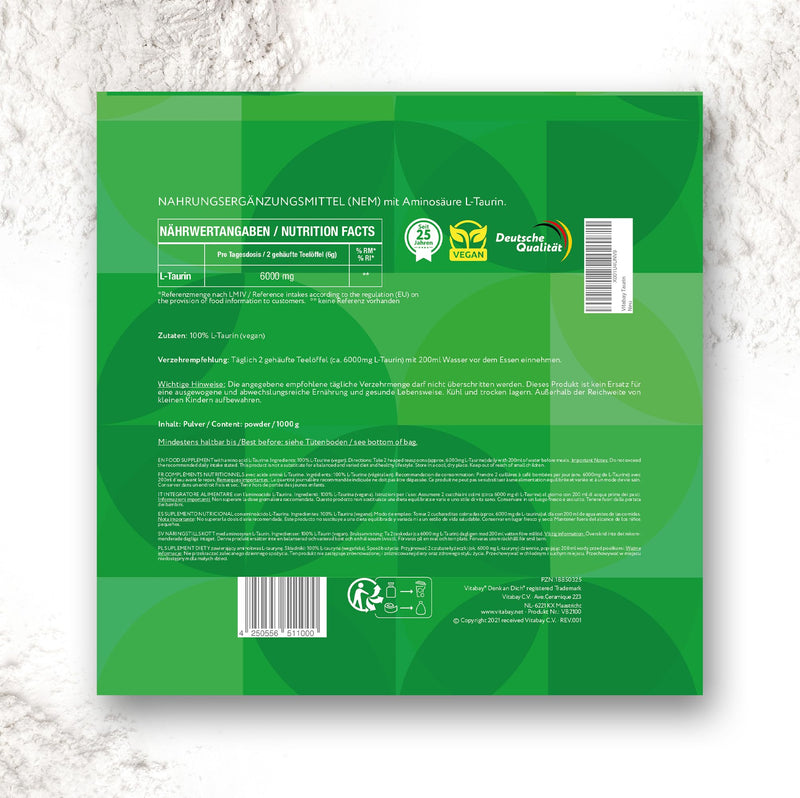 Vitabay Taurine Powder 1Kg - Pure Vegan Powder - Ideal Instead of Taurine Capsules - Without Additives 1000 grams (1 Pack)