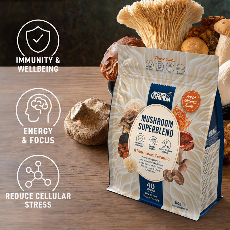 Applied Nutrition Mushroom Superblend - Lions Mane, Reishi, Chaga, Shiitake, Maitake, Tremella, Cordyceps Sinensis, King Trumpet | Vegan & Gluten Free (160g – 40 Servings) Unflavoured 160 g (Pack of 1)