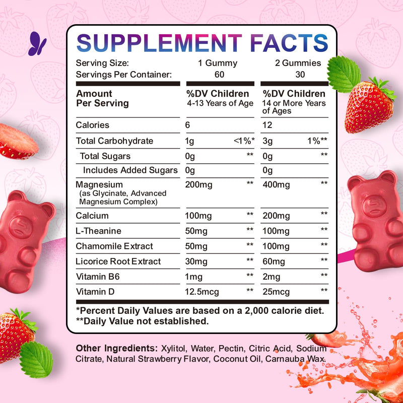 Magnesium Gummies for Kids - Magnesium Glycinate Gummies with L-Theanine, Chamomile, Vitamin B6, D for Kids & Adults Sleep, Stress, Muscle Relief & Nerve Bone - Sugar Free Strawberry 60ct 60 Count (Pack of 1)