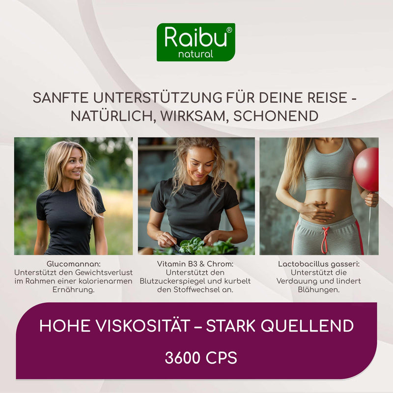 [Australia] - Glucomannan from konjac root - 4100mg per daily dose, 180 capsules, optimized with bacterial cultures, chromium and vitamin B3 - 95% glucomannan, high viscosity - Raibu, produced in Germany 
