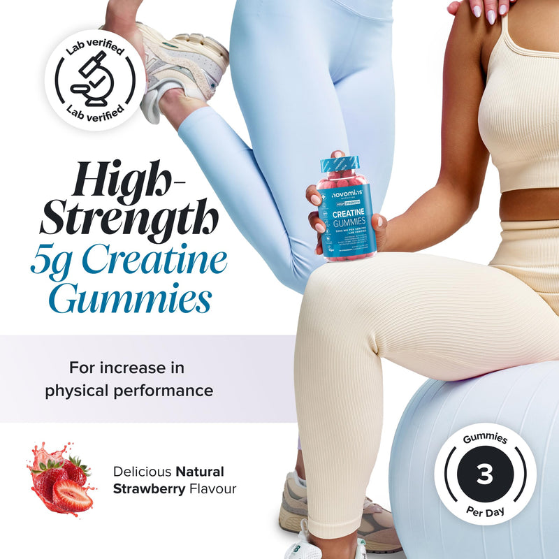 Creatine Gummies - 5000mg Lab Verified - High Strength Monohydrate Gummies - Increase Physical Performance - Alternative to Tablets, Powder & Capsules - Novomins
