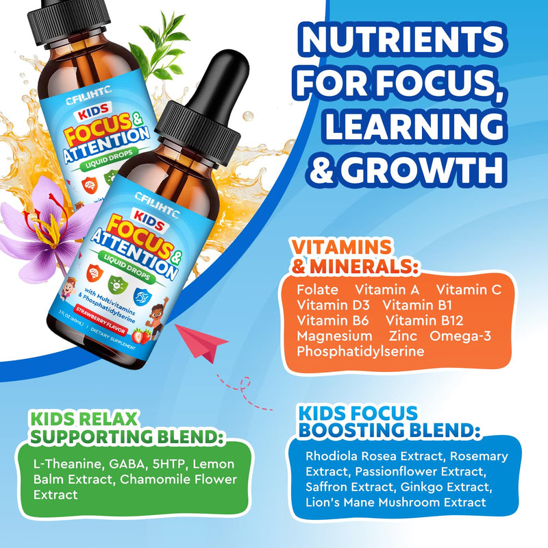 Kids Focus and Attention Supplements with Phosphatidylserine, Omega-3, Magnesium Glycinate & L-Theanine, Brain Vitamins Liquid Drops for Kids Memory, Cognitive, Sleep, Calm & Mood, Strawberry, 2 Fl Oz 2 Fl Oz (Pack of 1)