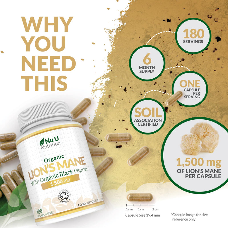 Organic Lions Mane Supplement 1500mg - 180 High Strength Vegan Capsules - 6 Month Supply - Lion’s Mane Mushroom with Organic Black Pepper - Made in the UK - Nu U Nutrition Lion's Mane