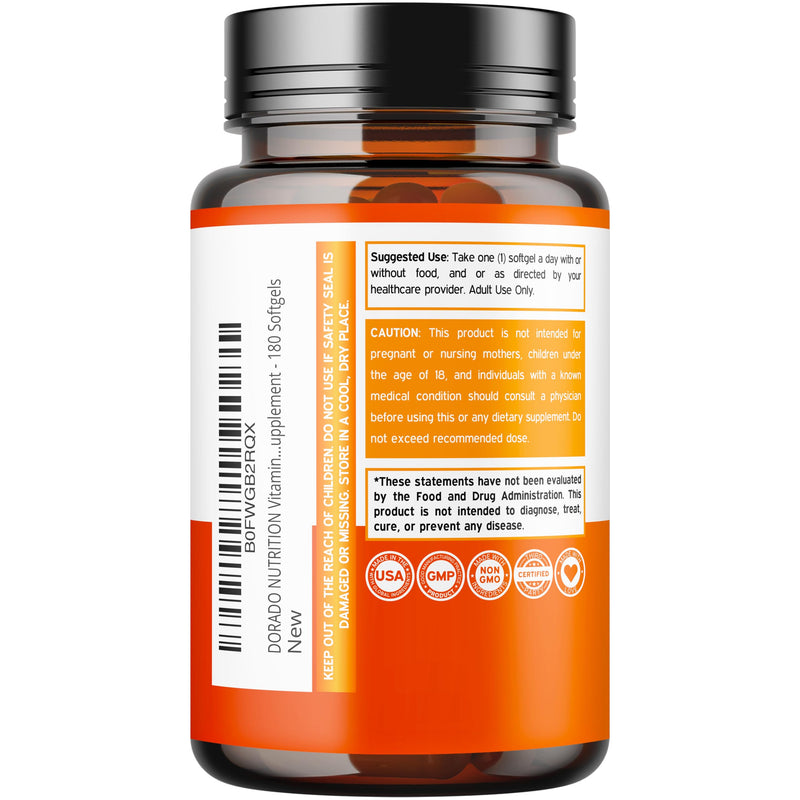 Vitamin D3 K2 Supplement (180 Softgels) Vitamin D3 K2 5000iu/100mcg - Supplement with D & K - Support Bone and Immune Health for Adult - Vegan, NON GMO, Third Party Tested - Made in USA -180 Count